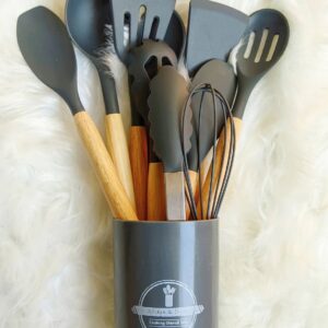 silicone cooking utensil set with wooden handle